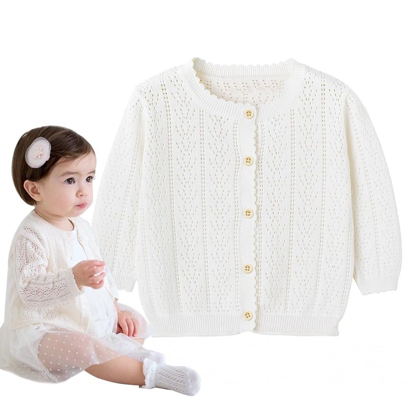 Simplee kids Baby Girl Thin Sweater Solid Cardigans Baby Girls Long Sleeve Coat Cardigan for Fall 3-6 Months D - White - Image 1
